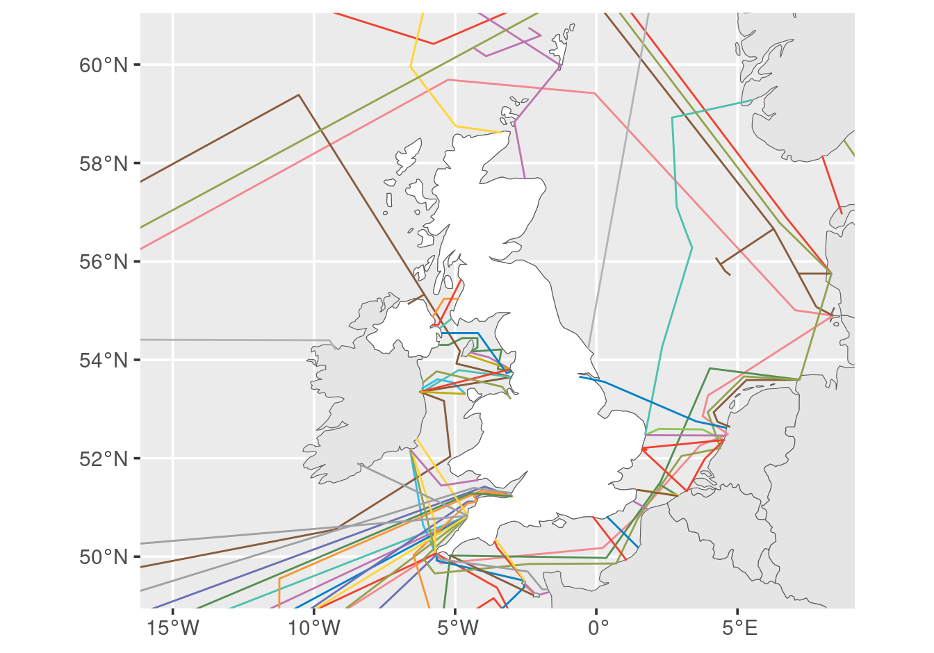 Submarine cables around the UK and North Sea, each drawn in its own colour.