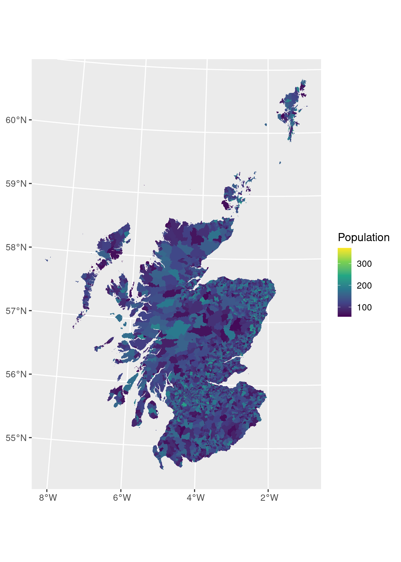 Scottish census output areas as polygons, coloured by population count.