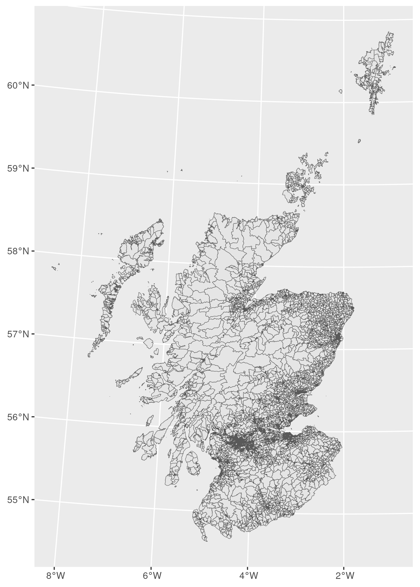 Scottish census output areas as polygons (boundaries only).