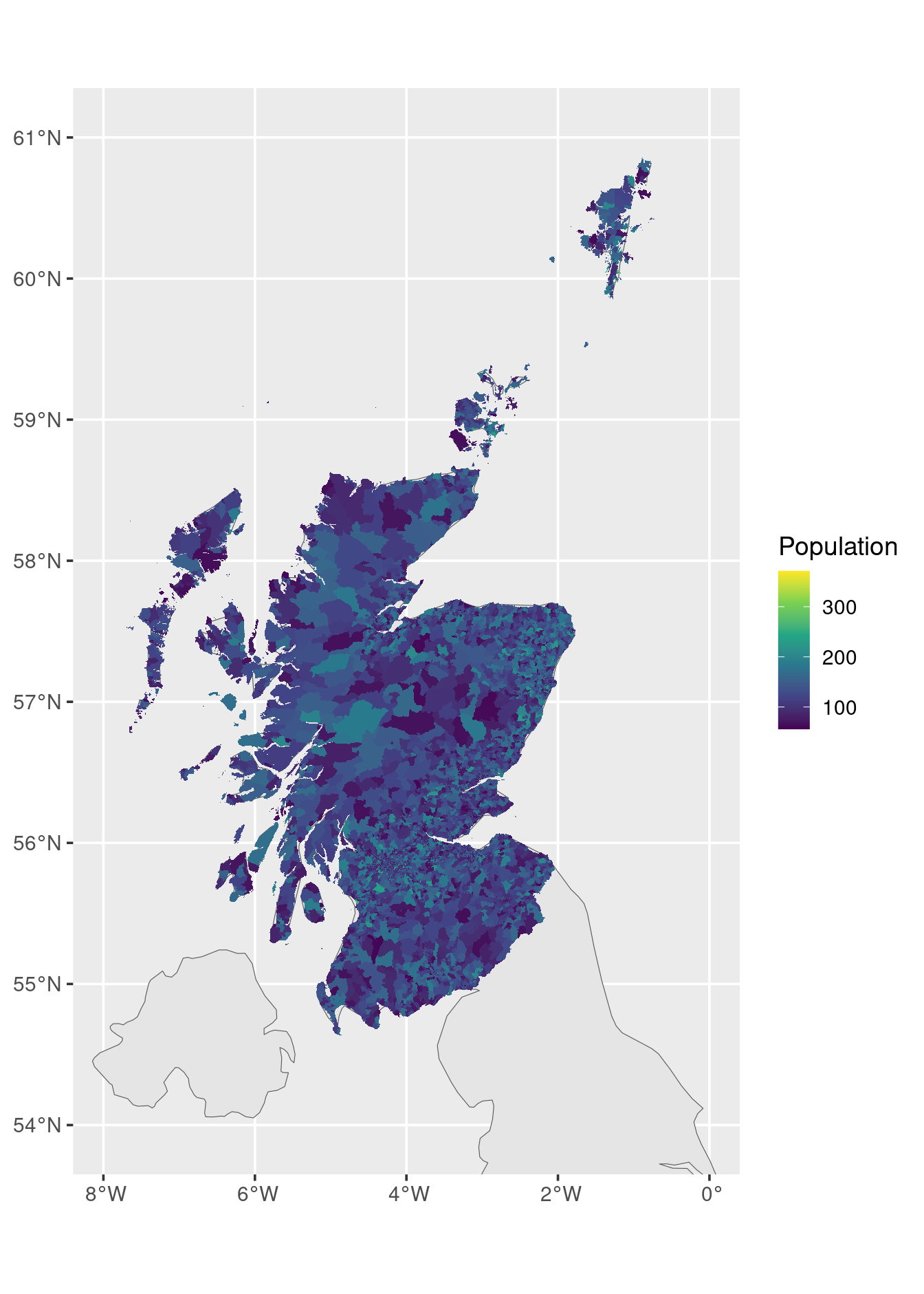 Scottish census output areas (polygons) with UK background map.