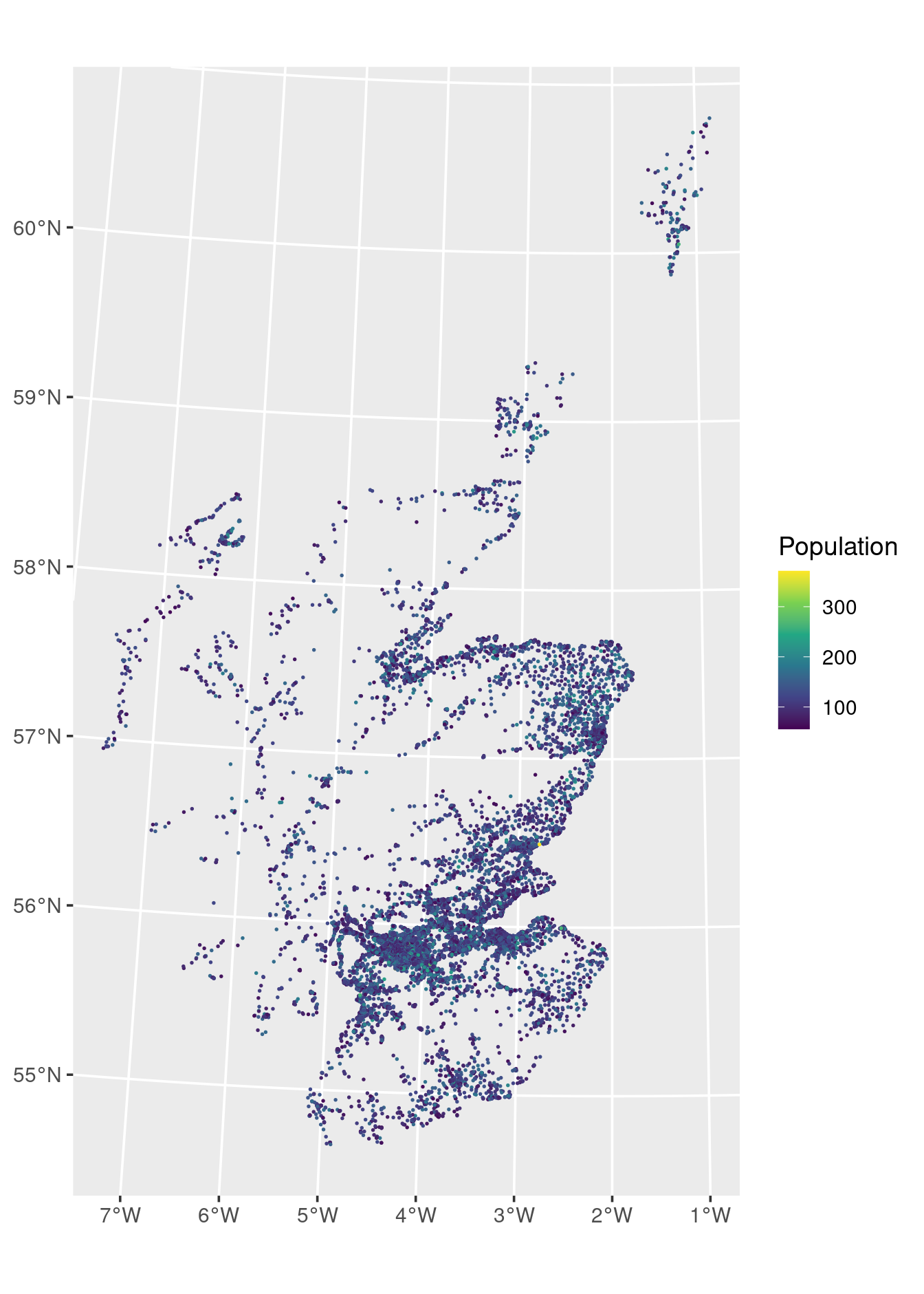 Scottish census output areas as points, coloured by population count.
